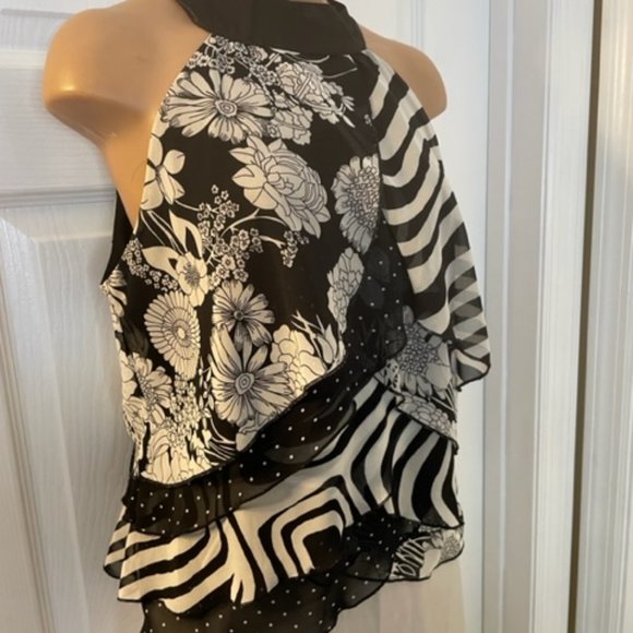 Johnathan Martin Black/White Ruffled Floral & Polka Dot Top Small - Picture 3 of 6